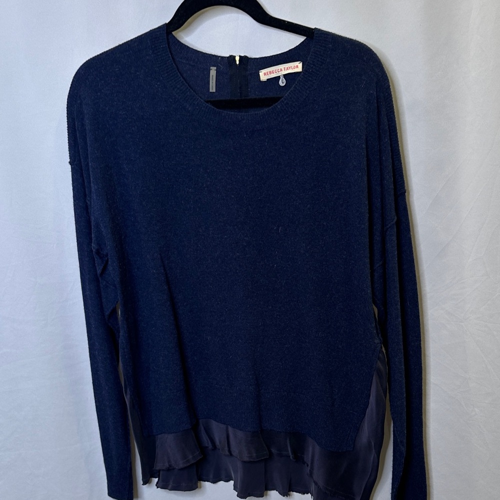 Rebecca Taylor navy blue sweater-crew neck-with silk underlay at hem.  Sz L